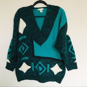 Susann D Vintage Teal Geometric Shapes Sweater L